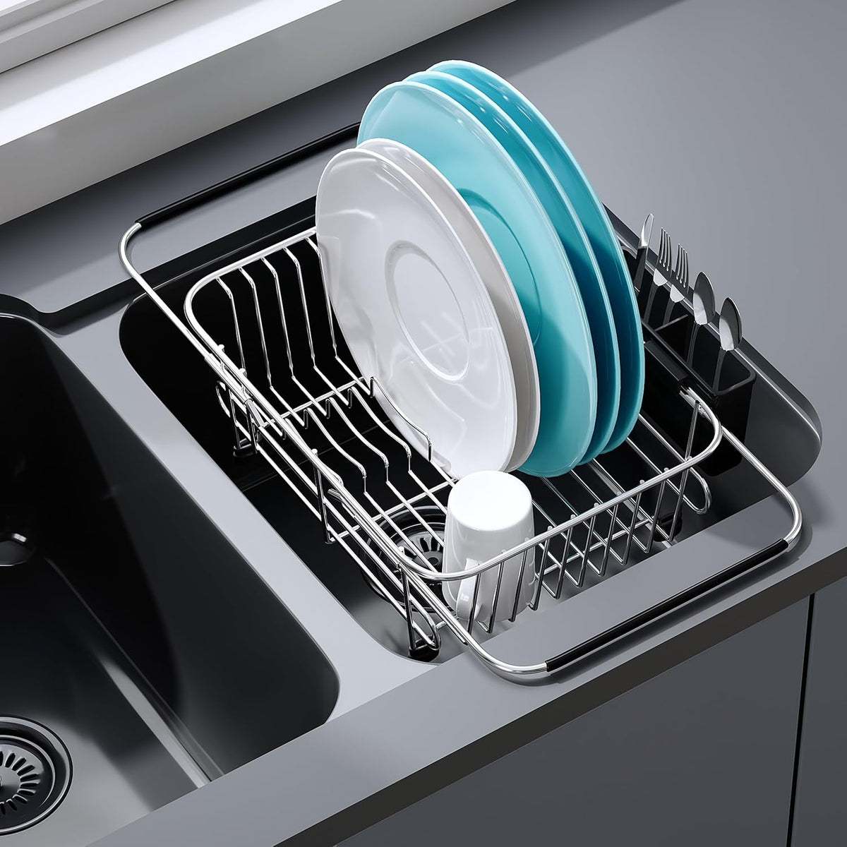JASIWAY Sink Small Dish Drying Rack with Utensil Holder, for RV, Apartment