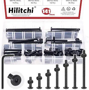 Hilitchi M6 140Pcs Black Hex Socket Head Screws Bolts Barrel Nuts Hardware Assortment Kit for Crib Baby Bed Furniture Cots and Chairs (20-80mm Assortment Kit)