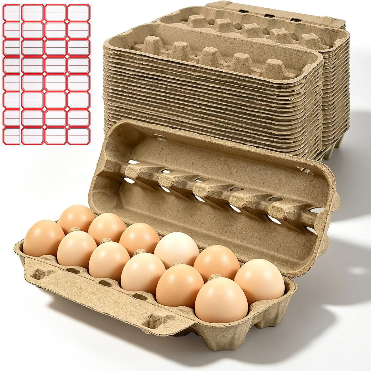 24 Pack Egg Cartons 12 Count, 2 x 6 Rectangular Paper Pulp Egg Holder Bulk Reusable, Blank Natural Cardboard Egg Crate with 48 Labels for Chicken Duck Eggs Farm Market Home Storage