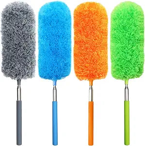 4 Pack Small Microfiber Feather Duster, with 13" to 30" Extendable Pole, Microfiber Head, Cleaning Tool for Cleaning Office, Car, Computer, Furniture, Sofa (Orange/Blue/Green/Gray)