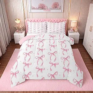Erosebridal Cute Pink Bow Twin Bedding Set for Girls,Ribbon Bow Knot Comforter Set for Kids Kawaii Room Decor,Princess Bowknot Bed Set Girly Pink Bows Bedding Comforter Sets,1 Pillowcase