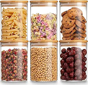 Gencywe Glass Storage Jars with Airtight Bamboo Lid, 27 OZ Food Storage Jar with Labels, Airtight Glass Canisters, Clear Kitchen Container for Candy, Cookie, Rice, Coffee Beans, Snacks, Spices
