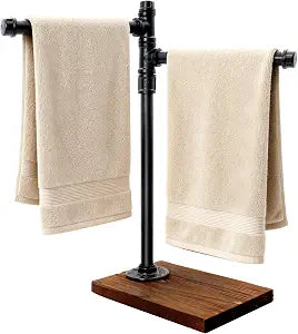 Hjarta 360 Swivel Hand Towel Holder Stand, Freestanding 2-Arm Towel Rack for Bathroom & Kitchen Countertop, Rustic Iron and Wood Base