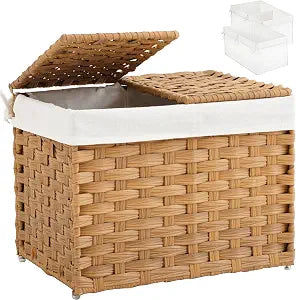 SETVSON Storage Basket with Lid Woven Wicker Baskets, 35L Natural