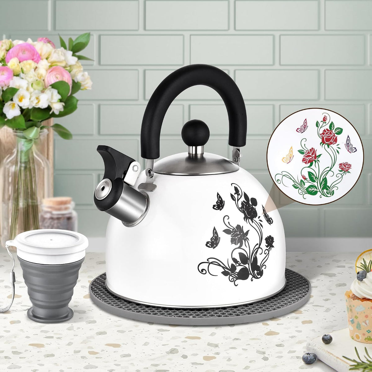 ARC 2 Quart Whistling White Tea Kettle with Magic Color Changing Design