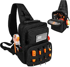 Small Tool Bag, Shoulder Tool Bag Organizer for Electricians, Small Tactical Sling Bag for Men, Heavy Duty Compact Tool Chest Bag with Multi-Pocket Organization & MOLLE System(Black 12 Inch)