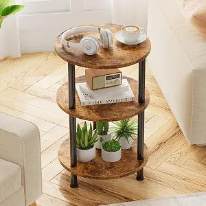 Simple Trending Side Table Living Room, Small Round End Table, 3 Tiers Accent Table for Small Spaces, Rustic Brown