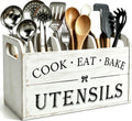 Rustic White Wooden Utensil Holder for Kitchen Counter Decor Extra Large