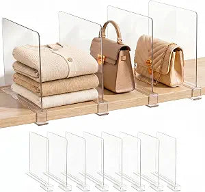 8 Pack Clear Shelf Dividers for Closet Organization  Adjustable Closet Shelf Organizer for Clothes, Sweaters, Handbags & Purses, Shelf Separators for Wooden Shelves, Perfect for Living Room