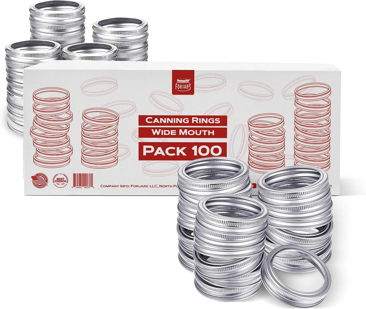 FORJARS - 100 Wide Mouth. Canning Rings are made of Tin-plated steel. 0.5 Inch Height, 100-Piece Set. Wide mouth mason jar rings are secure with an airtight fit.