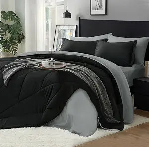 BEDELITE Queen Comforter Set 7 Pieces, Reversible Black Bed in A Bag