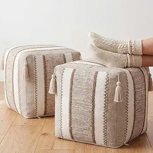 Boao 2 Pcs Unstuffed Boho Ottoman Pouf Cover 16"x16"x16" Textured Storage Cube Bean Bag Pouffe Footrest Washable Storage Bean Bag Chair Floor Pouf Covers for Living Room Bedroom Indoor(Gold,Stripe)