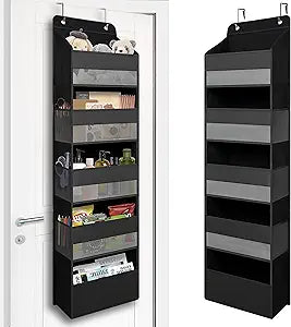 TYMENSH Black Over Door Organizer with 5 Large Pockets and 6 Side Mesh Pockets, Anti-Tilt Hanging Door Storage for Closet, Bathroom, Nursery, Bedroom, Dorm