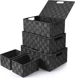 Storage Baskets with Lids: 5 Pack Stackable Woven Storage Bins, Black