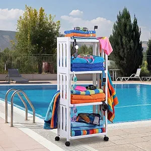 Gerrii Outdoor Pool Towel Rack with Wheels Plastic Free Standing Poolside Towel Rack Large Capacity 4 Tier Multi-function Storage Organizer for Pool Area Outside Bathroom Spa Hot Tub Accessory Storage
