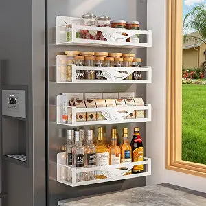Magnetic Spice Rack for Refrigerator, 4-Pack Metal Seasoning Organizer for Kitchen Storage Organization, Space Saving Magnetic Shelf for Fridge, Pantry, Laundry Room, White