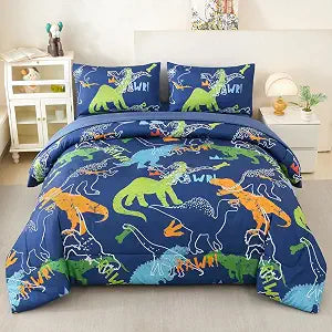 Twin Dinosaur Comforter Set for Boys 5 Pieces Cartoon Dinosaur Bedding Set Dark Blue Dino Bed in A Bag for Kids Teens Soft Fluffy Bed Set All Seasons(Dark Blue Dinosaur, Twin)