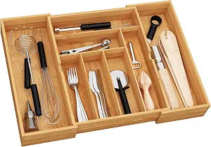 BAMEOS 3" Deepth Expandable Drawer Organizer, Deep Flatware Organizer, Adjustable Silverware Organizer, Bamboo Drawer Organizer for Kitchen, Bathroom (Natural)