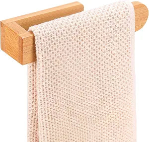 Bamboo Wall Towel Holder - Self Adhesive Bamboo Guest Towel Rack Shelf, Decorative Natural Wooden Bath Towel Rail for Bathroom, 8 Inch Wall Mounted Towel Bar for Kitchen