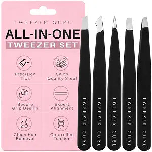 Tweezers Set 5-piece - Tweezer Guru Stainless Steel Slant Tip and Pointed Eyebrow Tweezer Set - Great Precision for Facial Hair, Ingrown Hair, Splinter and Blackhead Remover (Black) (5-Pack)