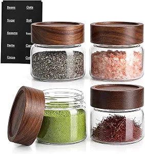 4 Pack 4 oz Glass Jars with Lids, Small Mason Jars with Airtight Acacia Wood Lid, Glass Spice Jars for Kitchen Pantry Organization, 4oz Small Jars for Spices, Nuts, Herbs & Seasoning