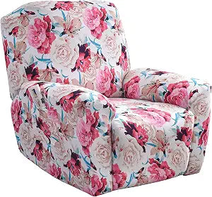 Stretch Recliner Chair Covers, 4-Piece Recliner Slipcovers Print Lazyboy Recliner Cover Soft Spandex Reclining Chair Couch Cover Furniture Protector with Pocket (Pink)