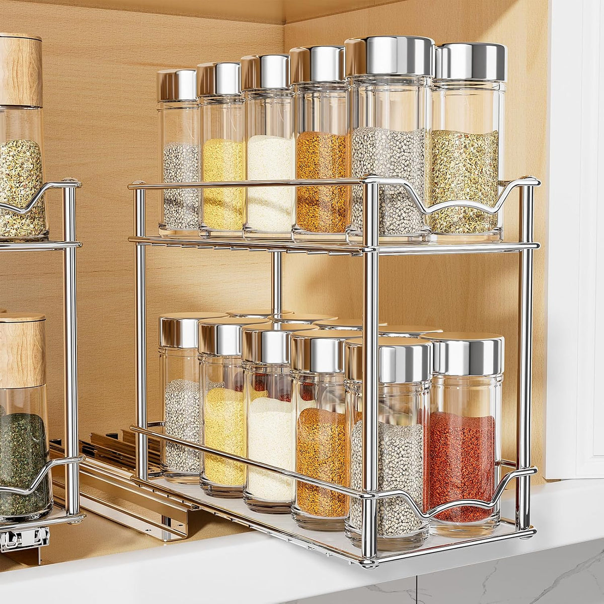 MUDEELA Pull Out Spice Rack for Inside Cabinet, 2 Tier Chrome Spice Organization for Cabinet, Vertical Sliding Out Spice Rack Organizer for Seasoning, 10.4''Dx4.8''Wx9.3''H