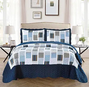 Mk Collection 3pc King/California King Oversize Reversible Quilted Bedspread Set Striped Squares Navy Blue White Gray New