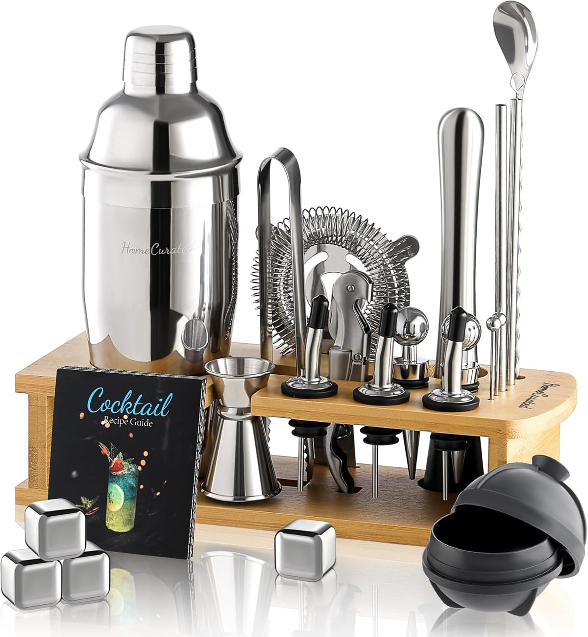 Cocktail Shaker Set,24-Piece Bartender Kit - Complete Bartending Kit Bar Set with Stand,Drink Shaker & Mixer - Perfect Bar Accessories for Home Bar Set,Housewarming Gifts for Men & Women,Silver