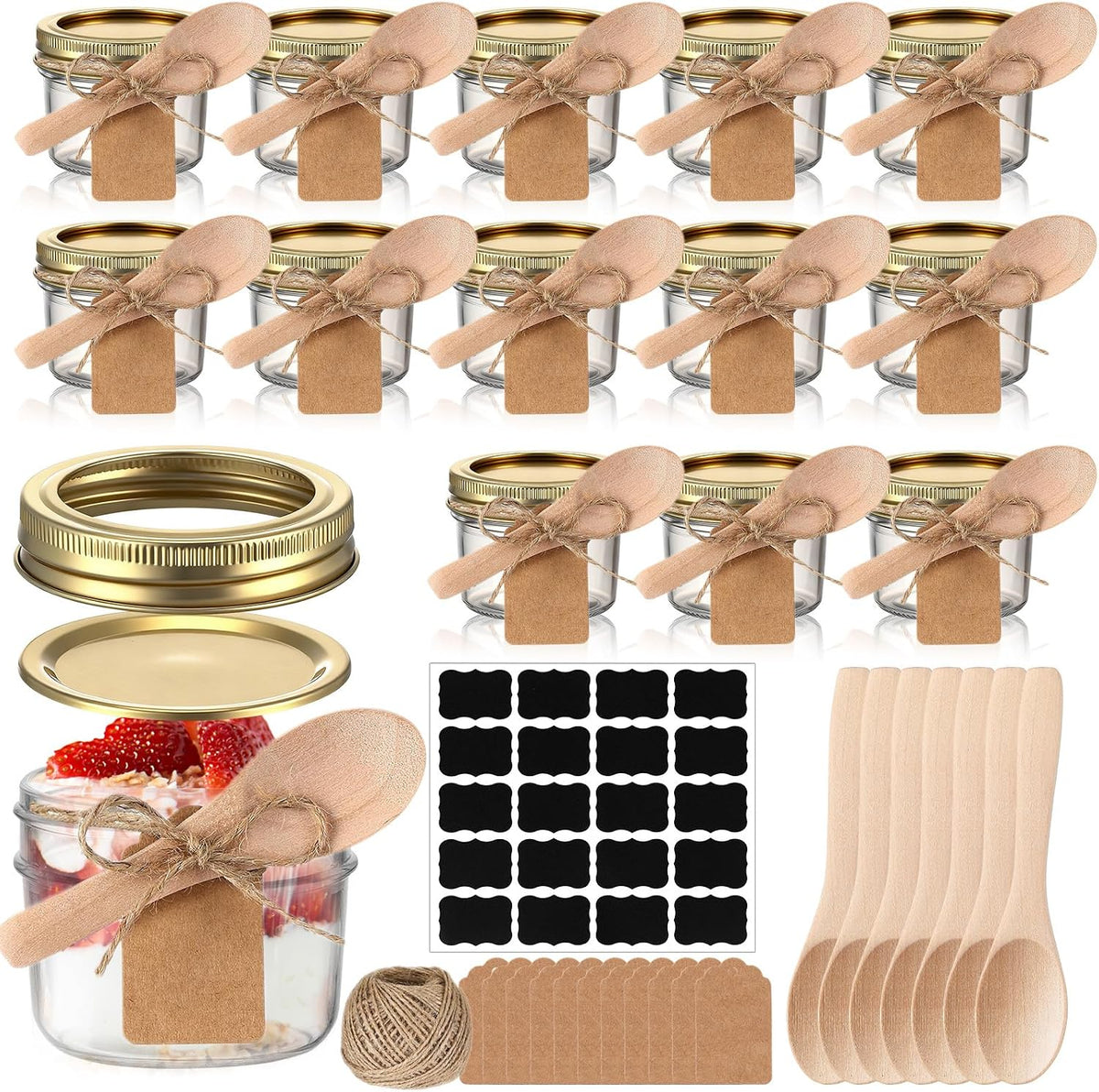 Baderke 20 Set Mini Mason Jars 4 Oz with Lids Spoons for Canning, Gold