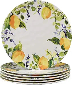 Lemon Zest Melamine Dinner Plates Set of 6  Unbreakable Outdoor Plates for Patio Dining, Garden Parties, BBQs, RV Camping, Farmhouse Kitchen, and Everyday Family Meals