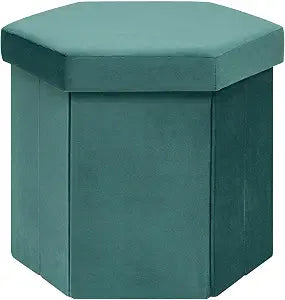 PINPLUS Velvet Hexagon Storage Ottoman, Foldable Footstool with Lid, Upholstered Accent Stool, Soft Seat Foot Rest, 220LBS Capacity for Living Room Bedroom Entryway 16.9 Inches Blue