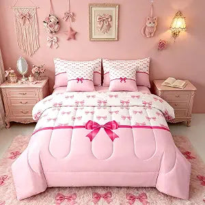 Feelyou Pink Bow Comforter Set Twin Size Bedding