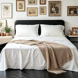 QKTE 100% Washed Cotton Yarn-Dyed Sheet Set Queen Size, Breathable Durable Soft Bedding Sheets Set 4 Pcs-1 Flat Sheet, 1 Fitted Sheet with 17��� Deep Pocket & 2 Pillowcase (White, Queen)