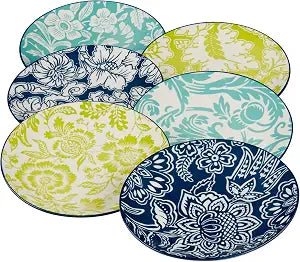 Tapestry 6" Porcelain Canape/Luncheon Plates, Set of 6  Vibrant Assorted Floral Patterns in Aqua, Navy & Lime  Appetizer, Dessert, Snack Plates for Entertaining, Display, or Everyday Use