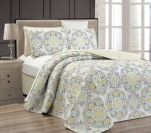 Mk Collection 3pc King Oversize Reversible Quilted Bedspread Set Floral Yellow White Gray Light Green New