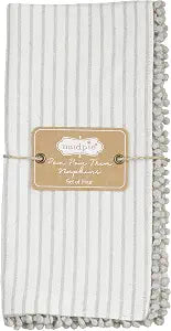 Mud Pie Gray Pom Cloth Napkin Set, Stripe, 18" x 18"