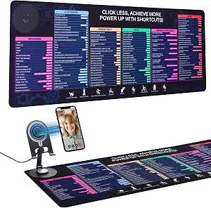 Office Pro Shortcuts Mouse Pad with Magnetic Wireless Charger & Holder Large Desk Mat with Keyboard Shortcuts with 15W Fast Qi Wireless Charging Compatible with iPhone Samsung Smartphones
