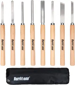 HURRICANE 8pc Wood Lathe Turning Tool Set, Wood Turning Chisel Set for Woodworking. 2 Skew 1 Spear Point 1 Parting 1 Round Nose & 3 Gouge Tools with 1 Canvas Bag Packaging
