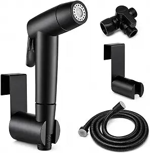 Handheld Bidet Sprayer for Toilet, Dual Spray Modes with Lockable Push Button, High Pressure Bathroom Sprayer, No-Drill Toilet Tank Mount, Stainless Steel Hose Set, Black Finish