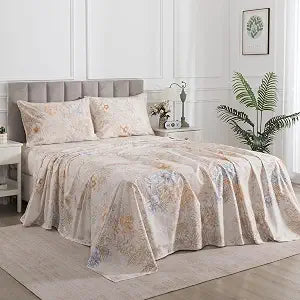 Percale Sheets King Size Beige Vintage Floral Deep Pocket, 4Pcs