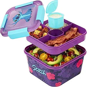 Disney Stitch Salad Container Bento Box for Kids, 70 Oz Portable Lunch Box, Leak Proof, BPA Free Multi Compartment Salad Bowl with Dressing Pot, Food Storage, Gifts For Girls (Multi Stitch)