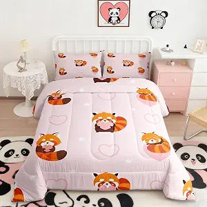 Castle Fairy Cute Red Panda Comforter Set Twin Size for Kids Girls Bedroom,Pink Heart Animal Bedding Set,Cartoon Brown Panda Quilt Duvet Kawaii Star Decor 2Pcs 1 Bedspread with 1 Pillowcase