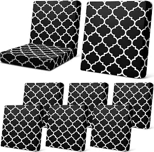 Newwiee 8 Pcs Patio Stretch Sofa Cushion Covers Stripe Outdoor Cushion Covers Replacement Patio Furniture Couch Slipcovers Chair Seat Soft Flexibility Protector(Black)
