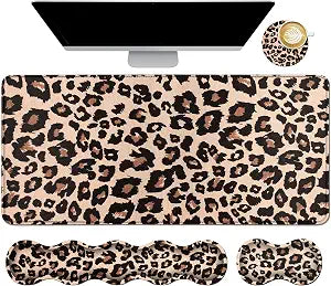 4Pcs Memory Foam Keyboard Wrist Rest Desk Mat Set, Leopard Print