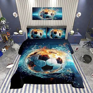 Feelyou Soccer Bedding Set Twin Size Kids Blue Football Flame Printing Ball Gamer Comforter for Boys Girls Teens Sports Themed Comforter Set