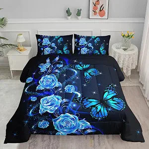 Axolotl Blue Butterfly Queen Comforter Set for Women Elegant Rose Flowers Bedding Set Vintage Floral Bed Set Retro Romantic Glitter Star Duvet Set 1 Comforter 2 Pillowcases for Adults All Season