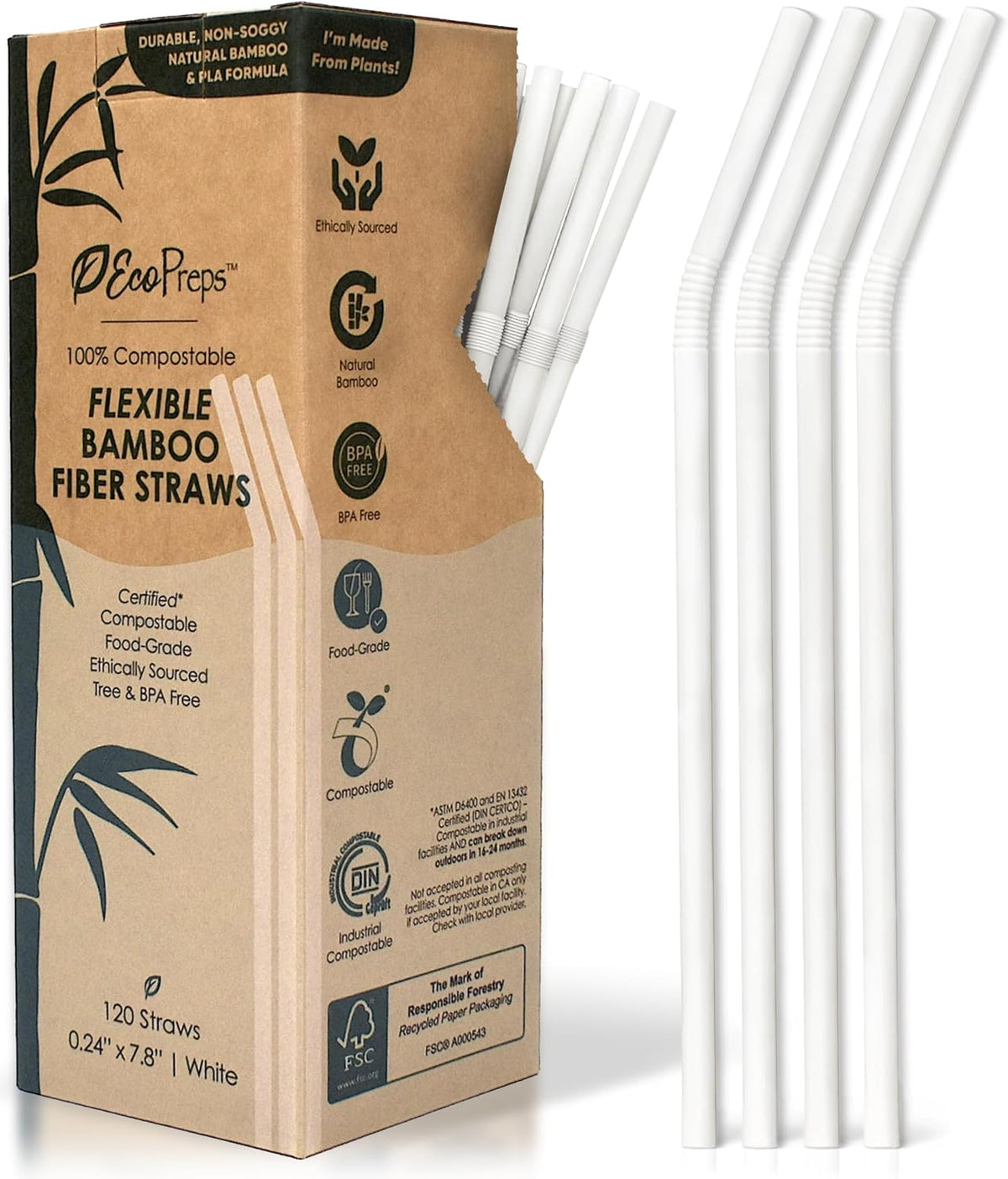 EcoPreps Flexible Biodegradable Disposable Bamboo Fiber Straws, 120 Count