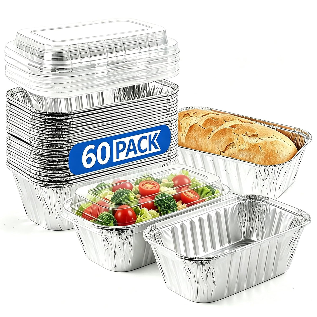60 Pack Disposable Mini Aluminum Loaf Pans with Chear Lids,(6"x3.5"x2" )1 Lb Foil Loaf Pans,Disposable Aluminum Food Containers with Lids,Small Aluminum Tin Foil Baking Pan for Cakes, Bread, Meat