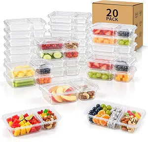 HI-REEKE 9 OZ Double Compartment Snack Containers, 20 Sets Bigger Reusable Clear Snack Packs Container with Lids